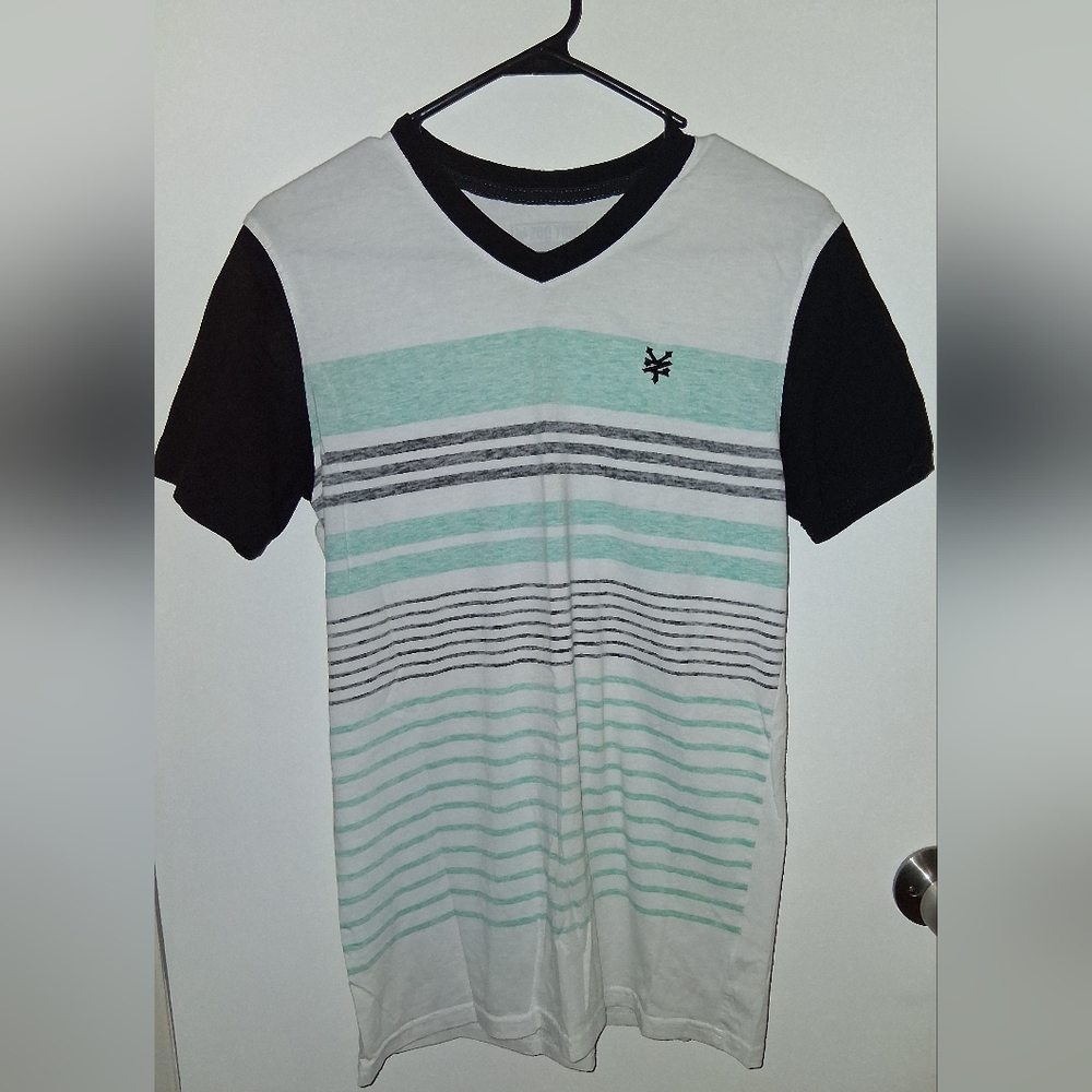 Men's Striped V-Neck Shirt - Black, White, and Green